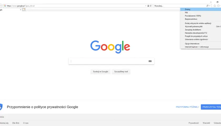 Menu przeglądarki, gdzie można znaleźć opcje dotyczące ustawień, by dowiedzieć się, jak włączyć sprawdzanie lokalizacji.