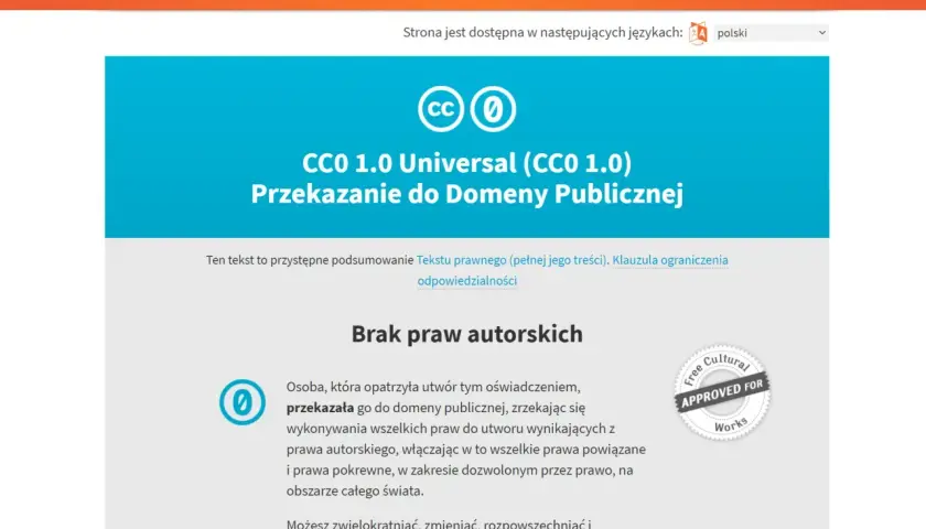 Logo Creative Commons i ikona CC0 z napisem "Przekazanie do Domeny Publicznej".