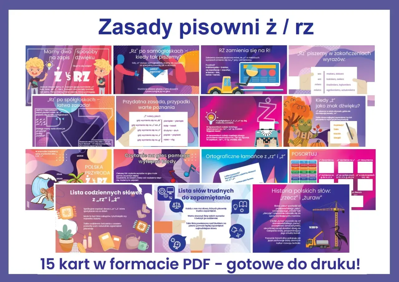 Zasady pisowni ż/rz: "rz" po spółgłoskach, zamiana "sz" na "rz", kiedy "ż" brzmi jak dźwięk "sz", czytanie na głos pomaga wyłapać błędy, ortograficzne łamańce, lista trudnych słów.