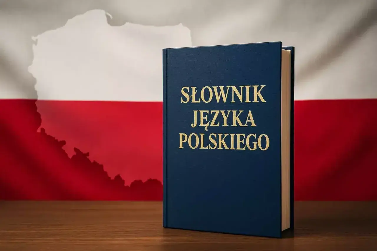 Granatowy słownik języka polskiego na tle polskiej flagi i mapy Polski.