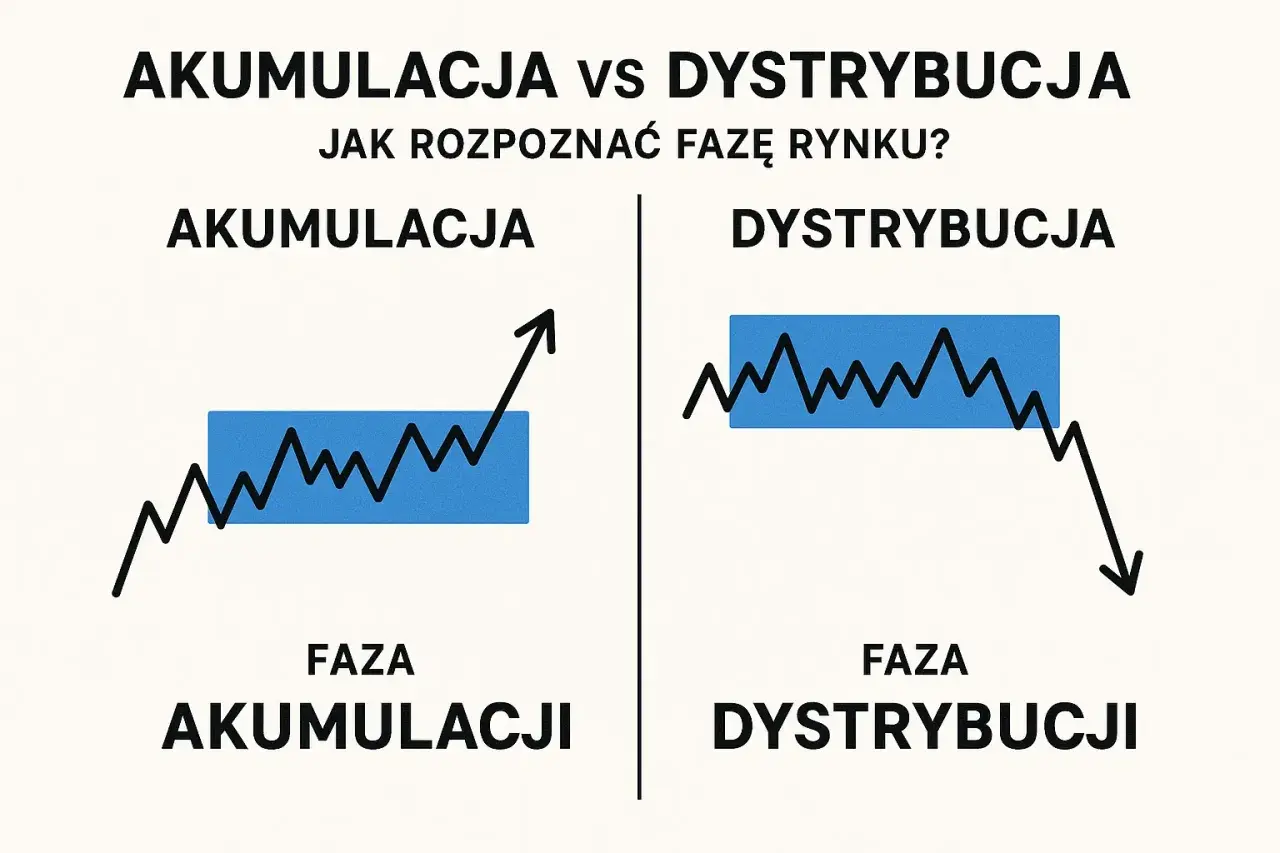Wykresy porównujące fazę akumulacji (wzrost) i dystrybucji (spadek) na rynku.