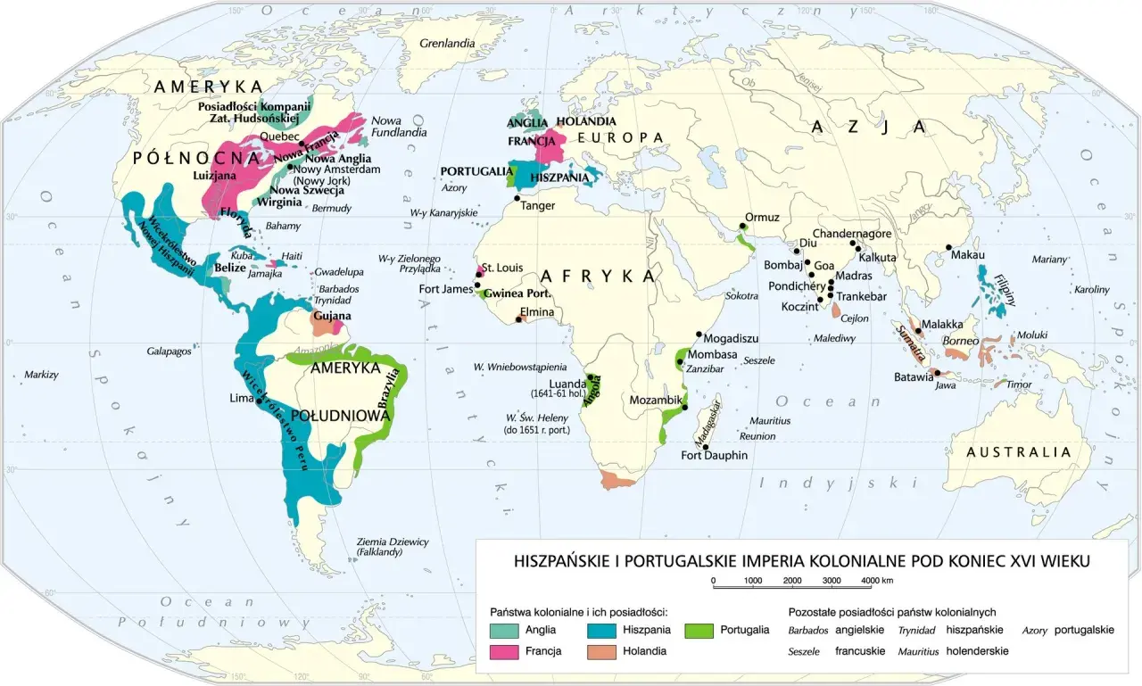 Mapa przedstawia kolonialne imperia Hiszpanii i Portugalii pod koniec XVI wieku. Zambo, jako symbol handlu, był kluczowy dla tych imperiów.