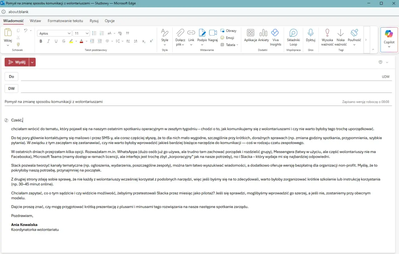 Jak się pisze maila? Ania Kowalska proponuje Slacka jako narzędzie do komunikacji z wolontariuszami, zamiast maili i SMS-ów.