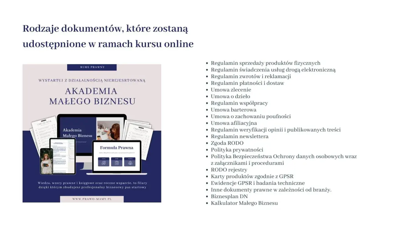 Lista dokumentów do kursu "Akademia Małego Biznesu": regulaminy, umowy, polityki, RODO, biznesplan i jakichś innych pomocnych materiałów.