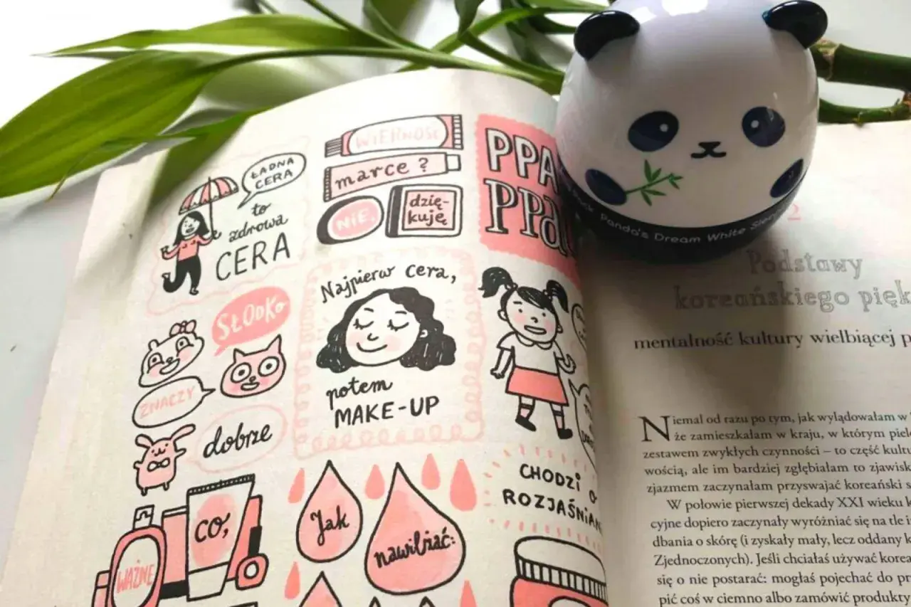 Urocza ilustracja z książki o koreańskiej pielęgnacji, gdzie ważniejsza jest zdrowa cera aniżeli makijaż.