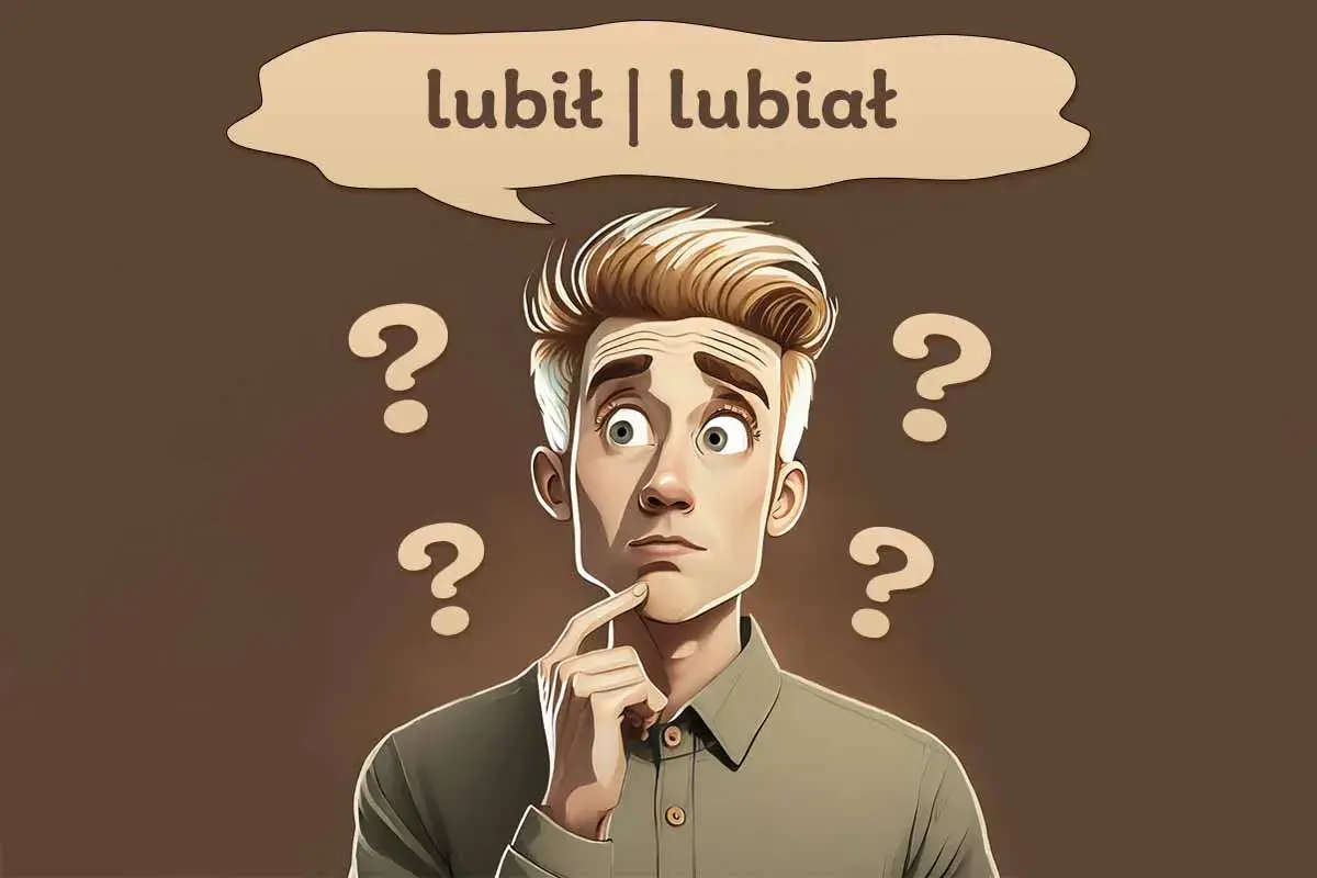Zastanawiam się, czy lubić czy lubieć. Wokół głowy pytajniki, a w chmurce dylemat językowy.