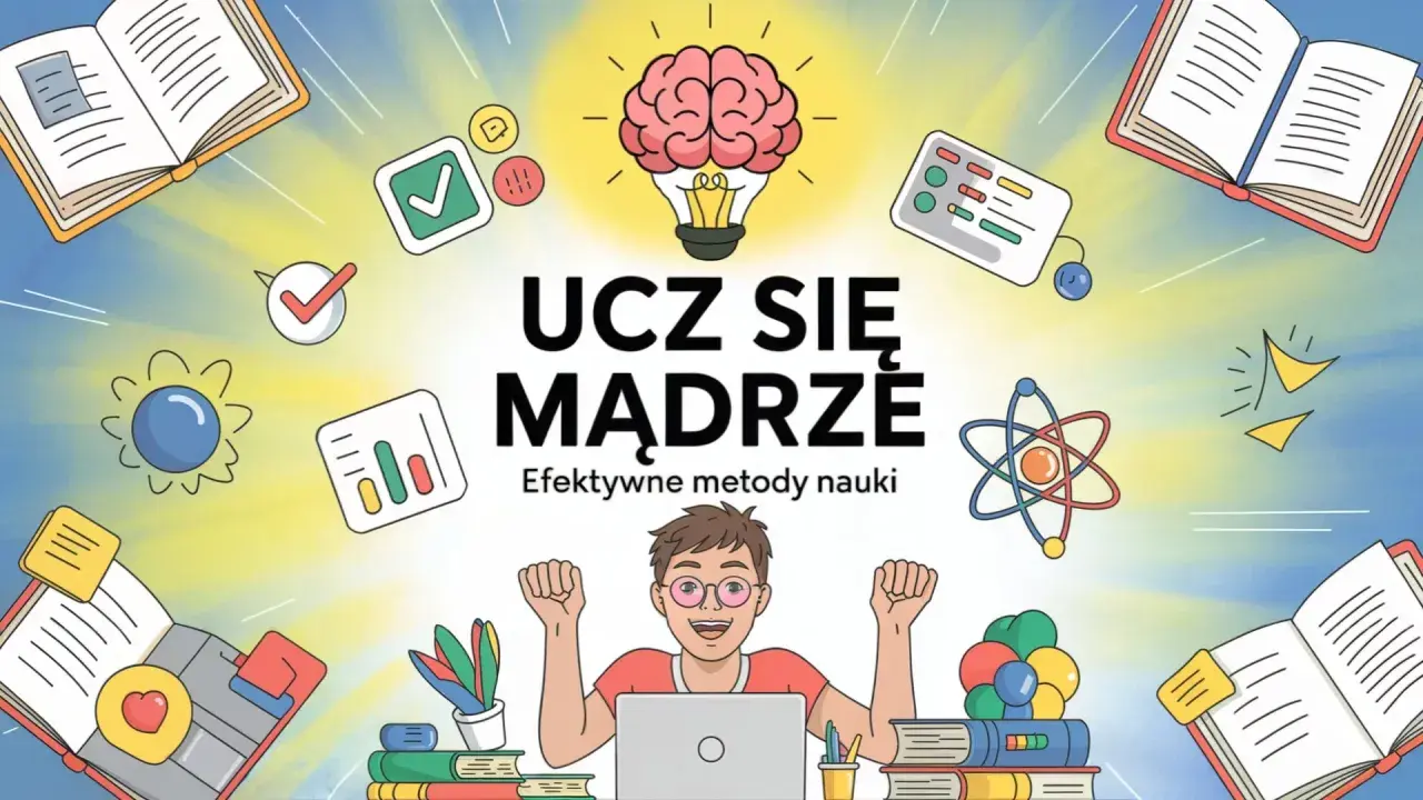 Chłopiec z laptopem, otoczony książkami i symbolami nauki, świętuje sukces dzięki efektywnym metody nauczania.