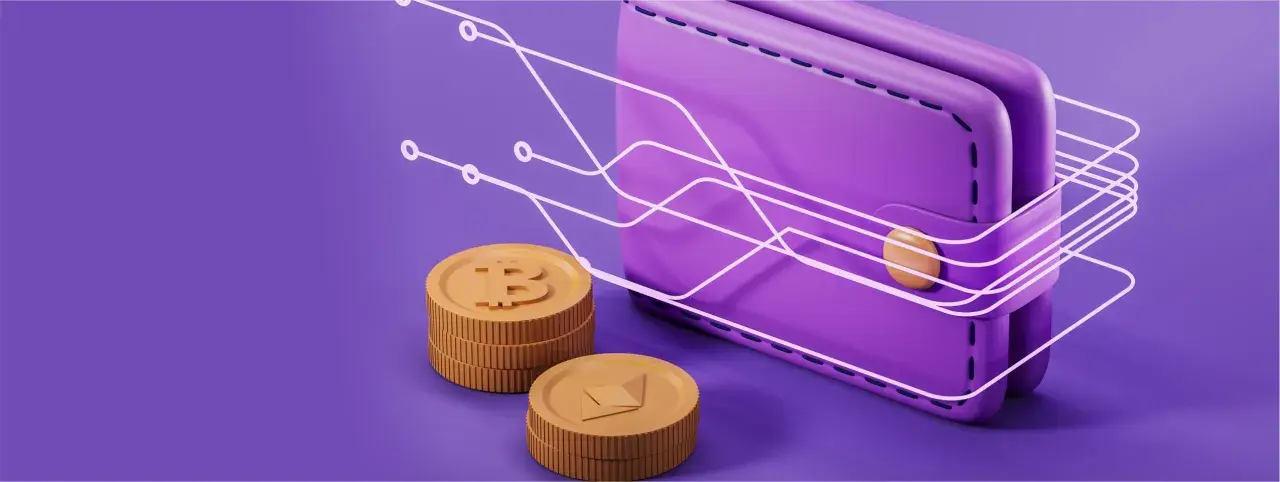Fioletowy portfel z monetami Bitcoin i Ethereum, symbolizujący cyfrowe finanse. Skrill co to? To miejsce, gdzie Twoje kryptowaluty są bezpieczne.