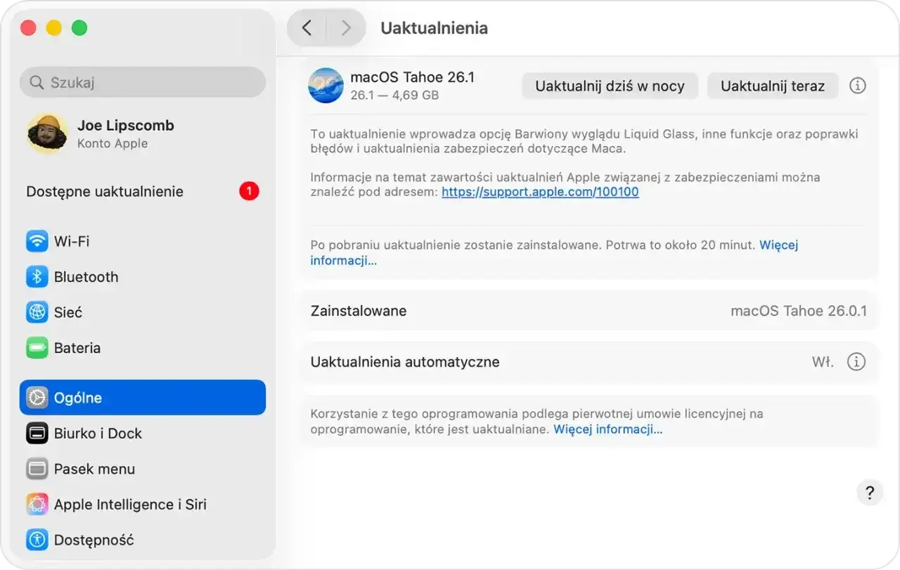 Uaktualnienie macOS Tahoe 26.1 jest dostępne. Wybierz tę czy tą opcję uaktualnienia, by cieszyć się nowymi funkcjami i poprawkami bezpieczeństwa.
