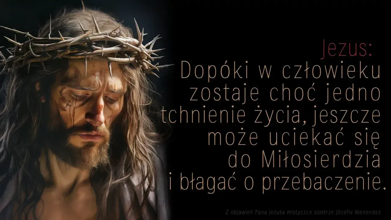 Portret Jezusa w koronie cierniowej, z krwawymi śladami na twarzy, na czarnym tle.