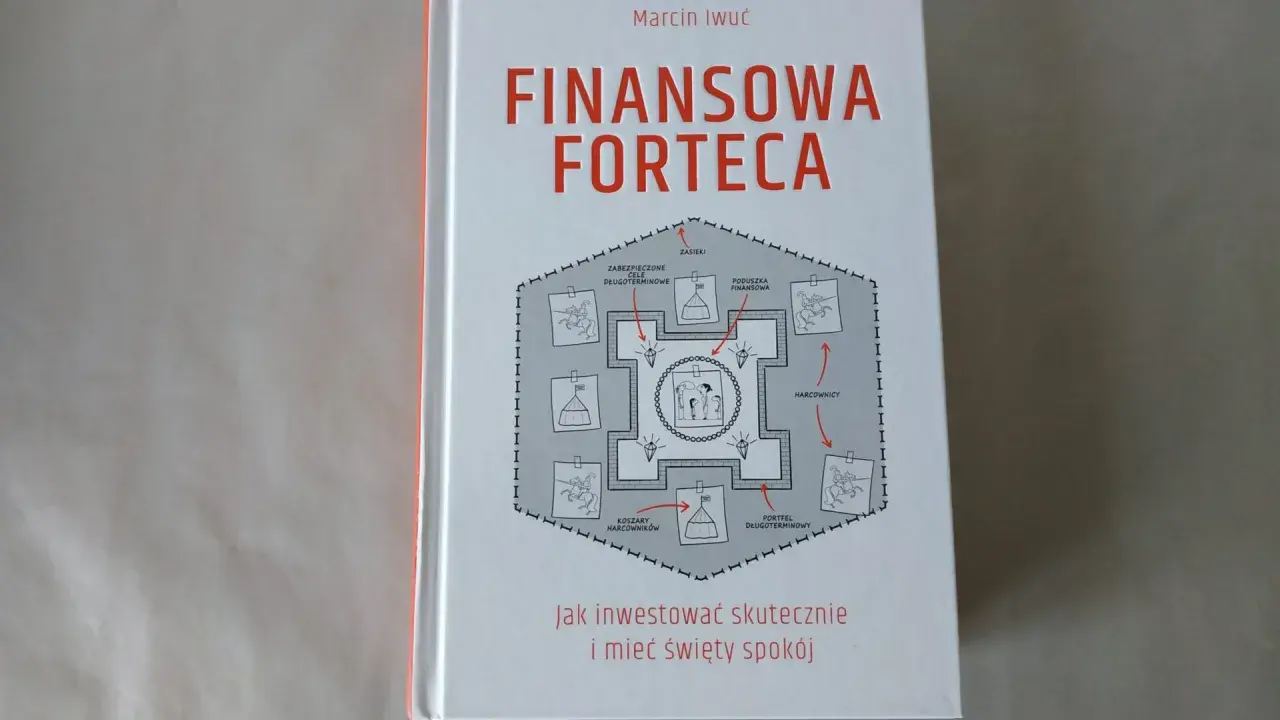 Okładka książki "Finansowa forteca" Marcina Iwucia. Grafika przedstawia fortecę z elementami jak "poduszka finansowa" i "portfel długoterminowy".