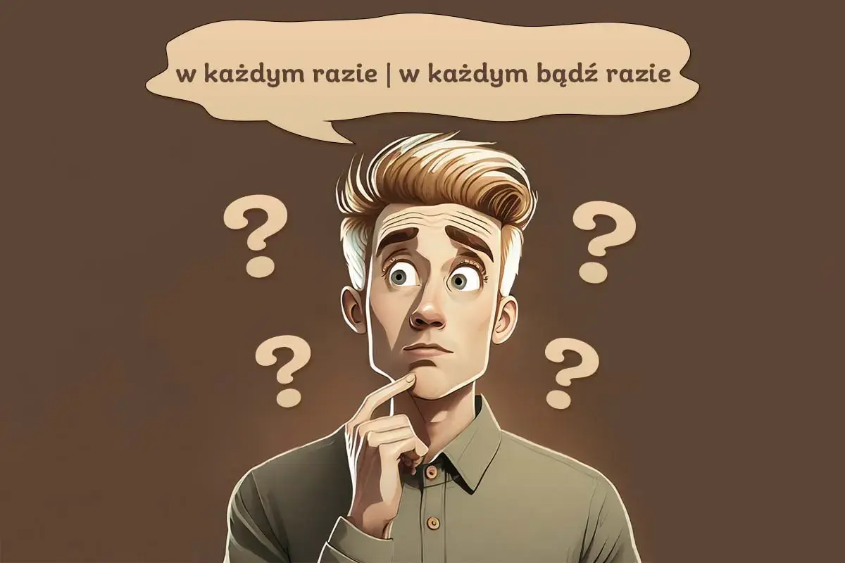 Zamyślony mężczyzna otoczony znakami zapytania, zastanawia się, co robić. W każdym bądź razie, musi podjąć decyzję.