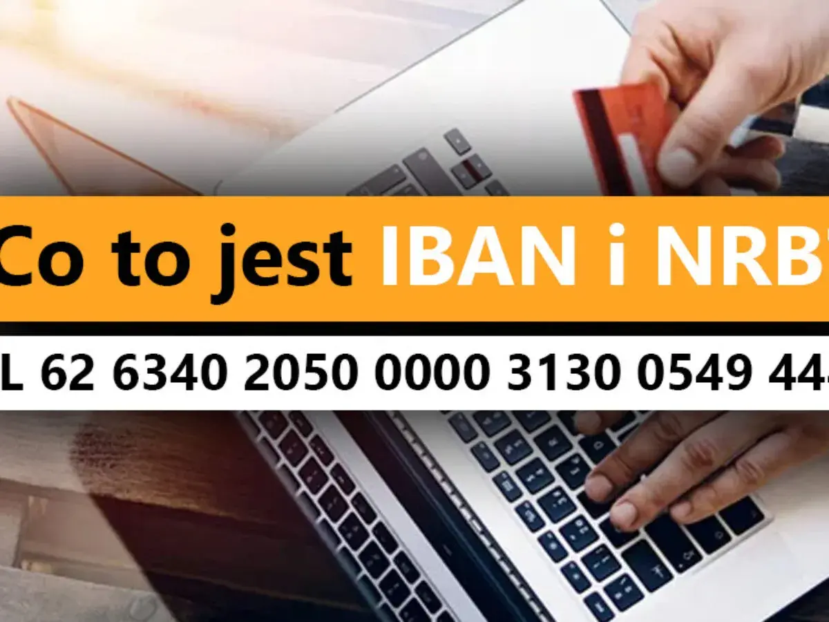 Dłoń trzyma kartę kredytową nad laptopem, obok tekst "Co to jest IBAN i NRB" oraz numer rachunku.