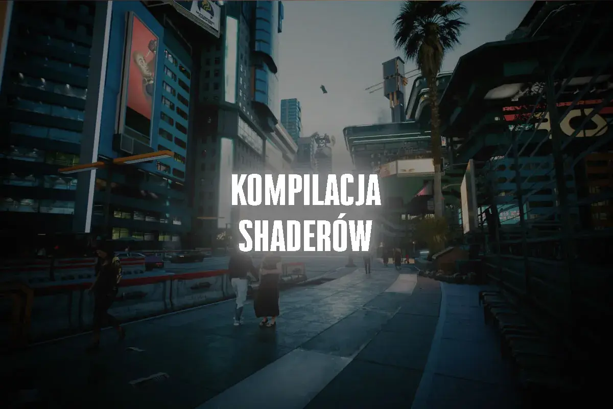 Kompilacja shaderów w futurystycznym mieście. Neonowe światła, wysokie budynki i ludzie spacerujący ulicami.