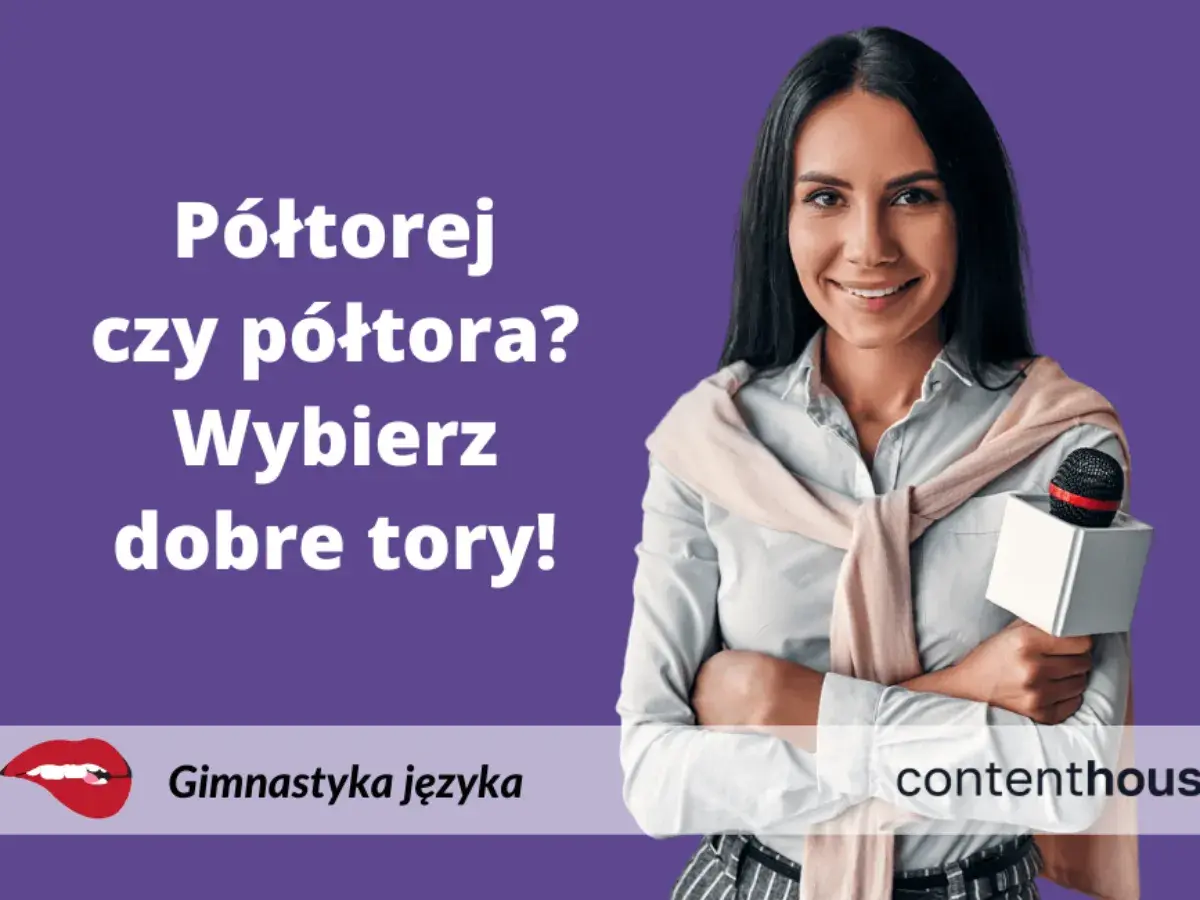 Uśmiechnięta dziennikarka z mikrofonem. Półtorej roku czy półtora? Wybierz dobre tory! Gimnastyka języka.