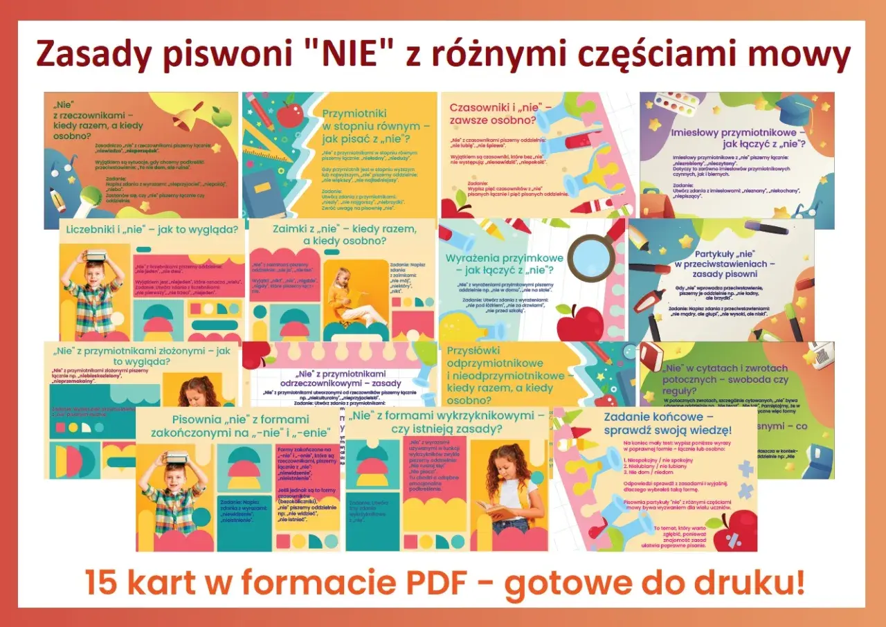 Zasady pisowni "nie" z różnymi częściami mowy: przymiotniki, zaimki, czasowniki, przysłówki, partykuły.
