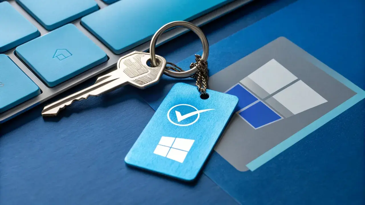 Klucz do systemu Windows, z breloczkiem z symbolem Windows i zaznaczeniem. Czy to orginał?