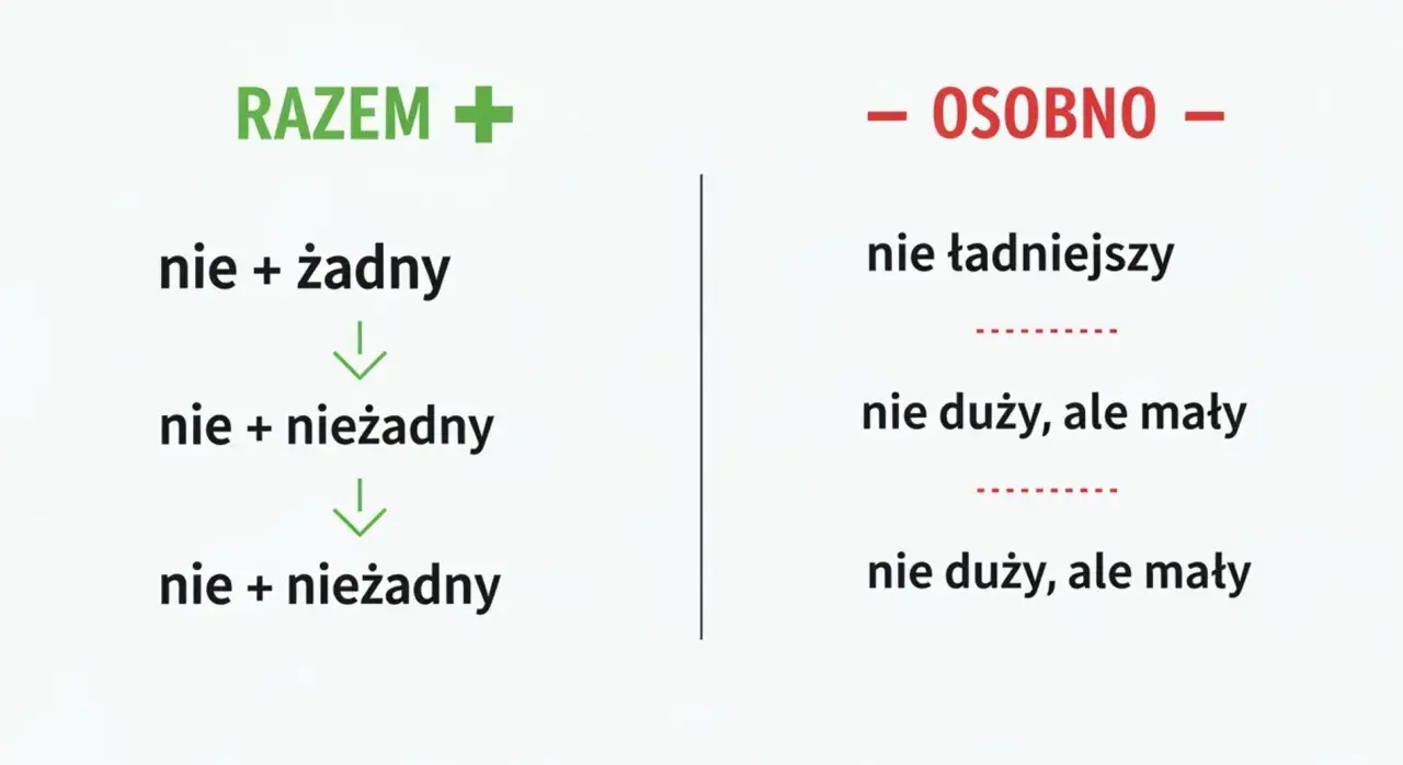 Jak piszemy nie z przymiotnikami: razem z "żadny" tworzy "nieżadny", a osobno "nie ładniejszy", "nie duży, ale mały".