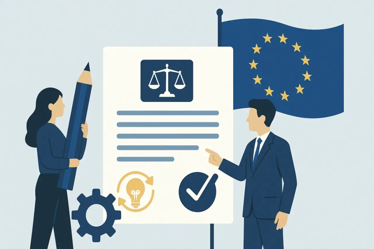 Ilustracja przedstawia ludzi przy dokumencie z wagą sprawiedliwości, flagą UE i ikonami.