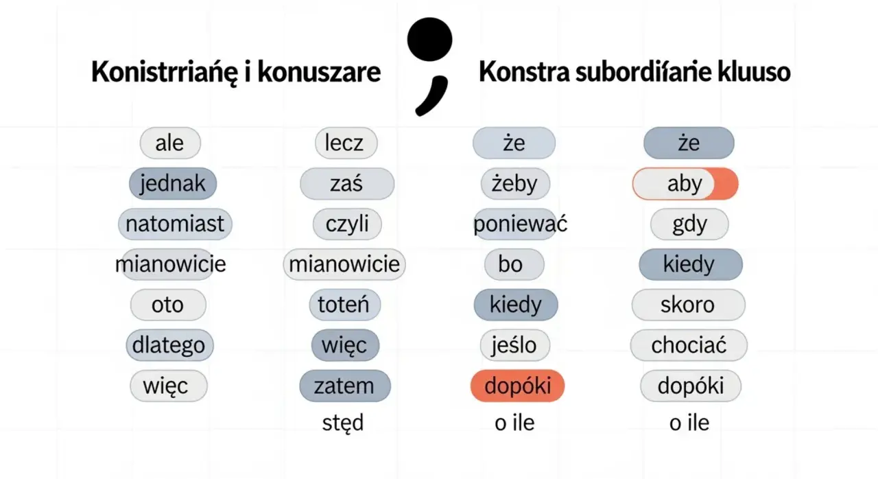 Tabela z polskimi spójnikami, np. "ale", "jednak", "aby", "kiedy", "dopóki", pokazująca, kiedy użyć przecinka.