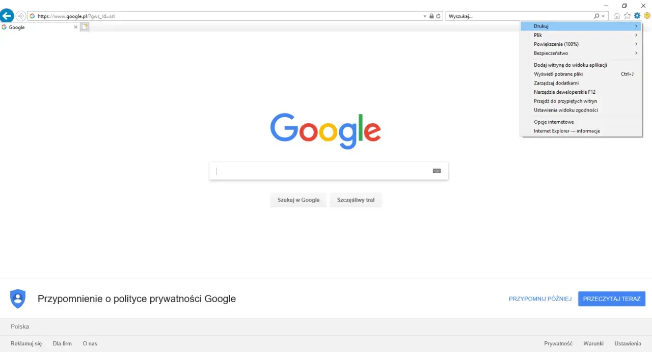 Menu przeglądarki, gdzie można znaleźć opcje dotyczące ustawień, by dowiedzieć się, jak włączyć sprawdzanie lokalizacji.