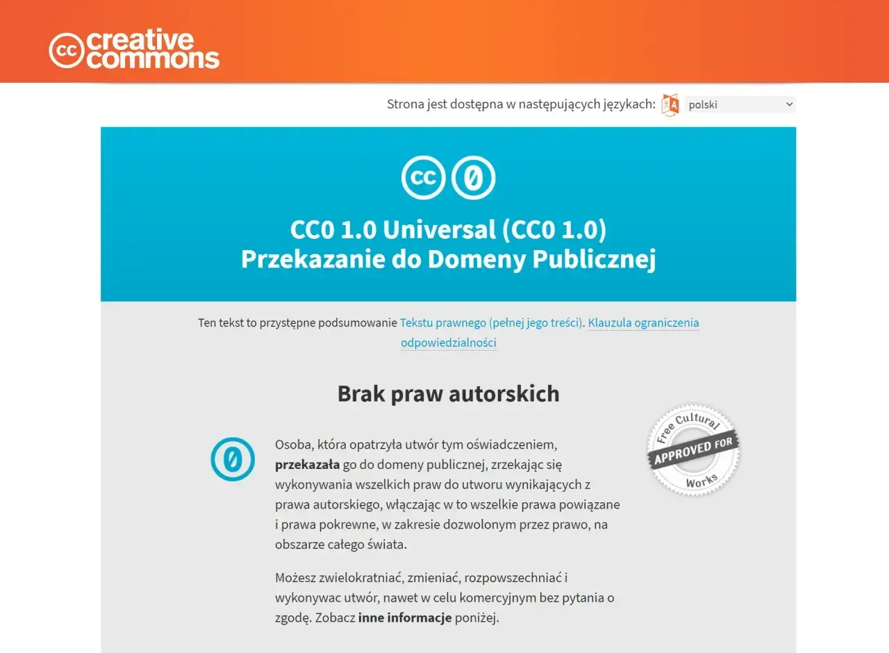 Logo Creative Commons i ikona CC0 z napisem "Przekazanie do Domeny Publicznej".