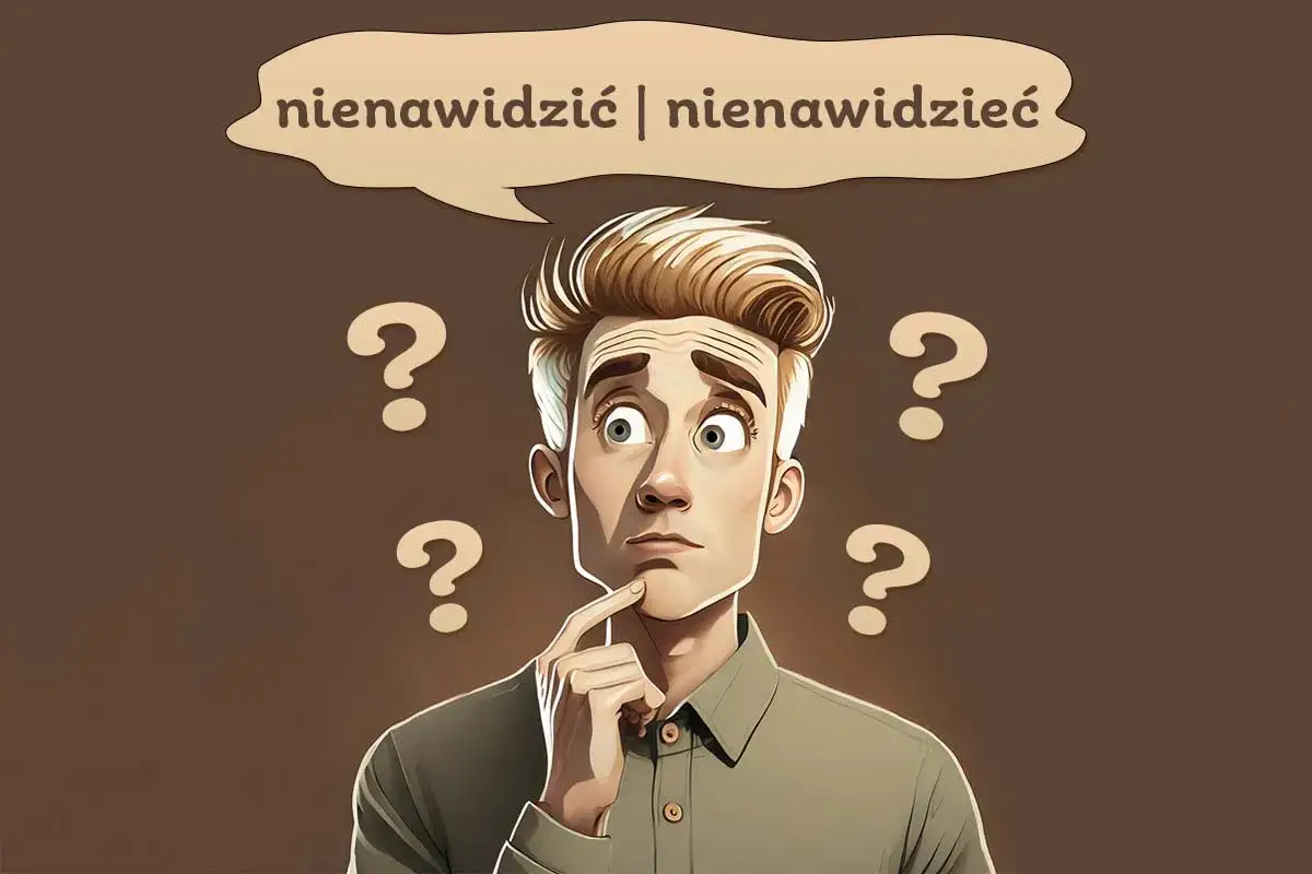 Zastanawiam się, czy mam nienawidzić czy nienawidzieć. Wokół głowy pytajniki, a w chmurce dylemat językowy.