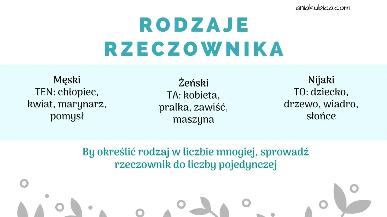 Rodzaje rzeczownika: męski (ten), żeński (ta), nijaki (to). Przykłady: dziecko, drzewo, wiadro, słońce.
