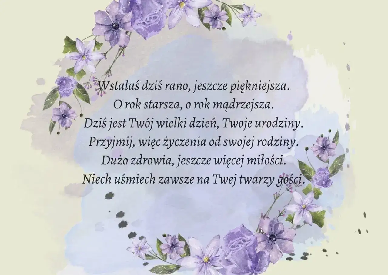 Wianek z fioletowych kwiatów otacza życzenia dla solenizantki: