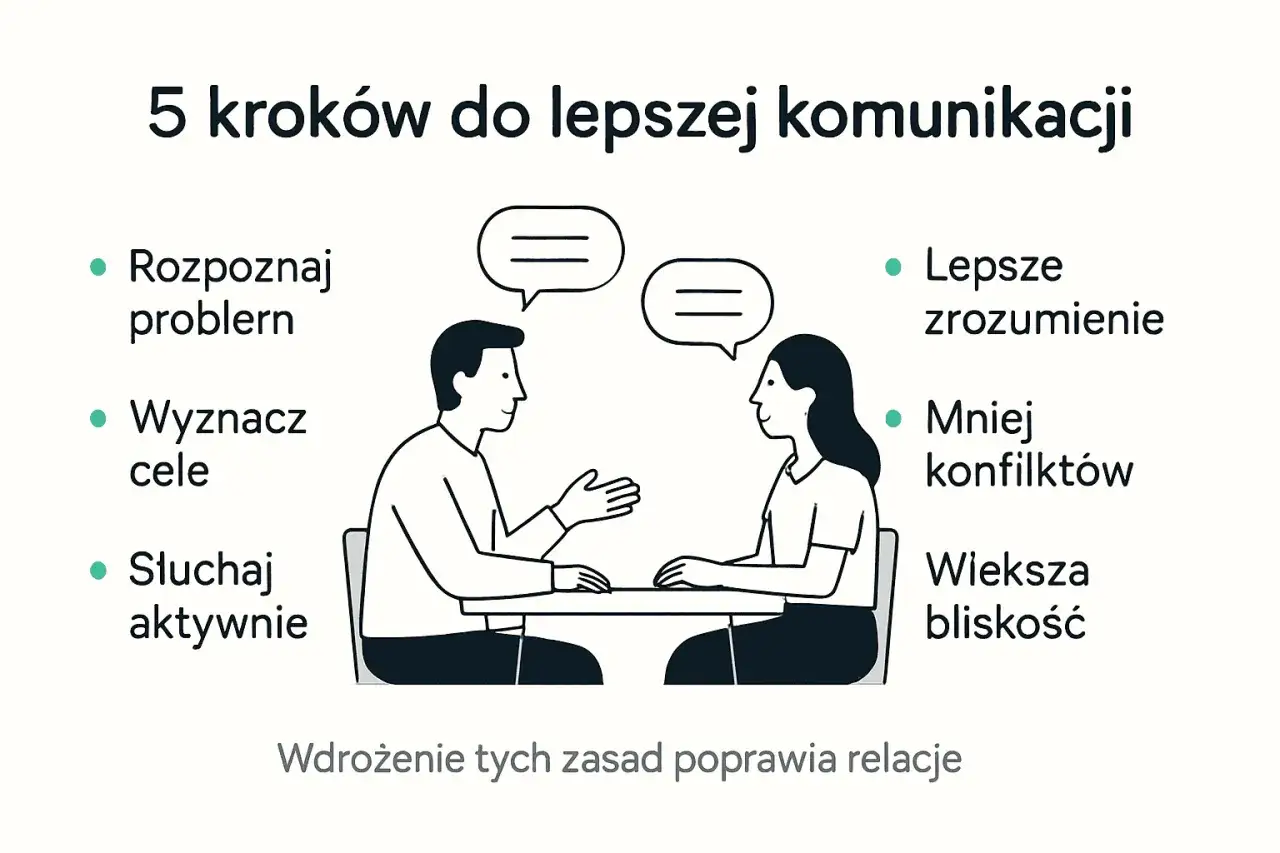 5 kroków do lepszej komunikacji: rozpoznaj problem, wyznacz cele, słuchaj aktywnie. Rozwijaj umiejętności interpersonalne dla lepszego zrozumienia i mniejszej liczby konfliktów.