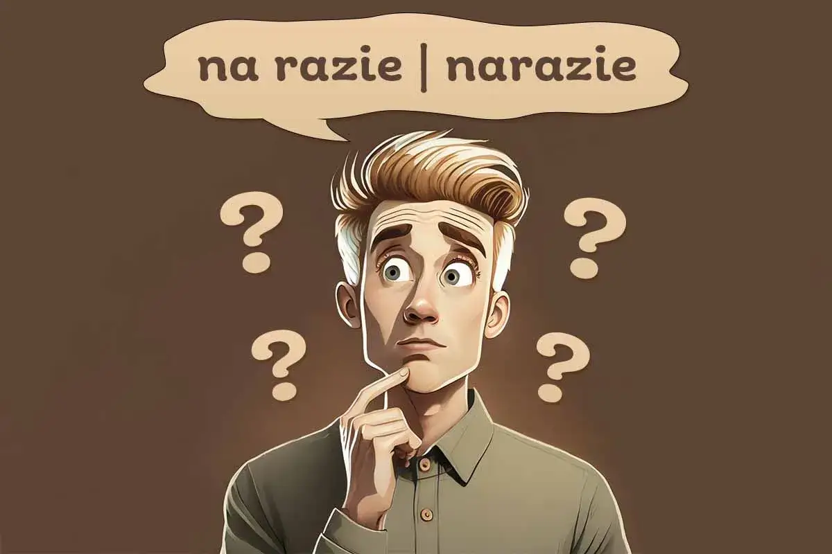 Zamyślony mężczyzna otoczony znakami zapytania, zastanawia się, czy zostać narazie razem czy osobno.