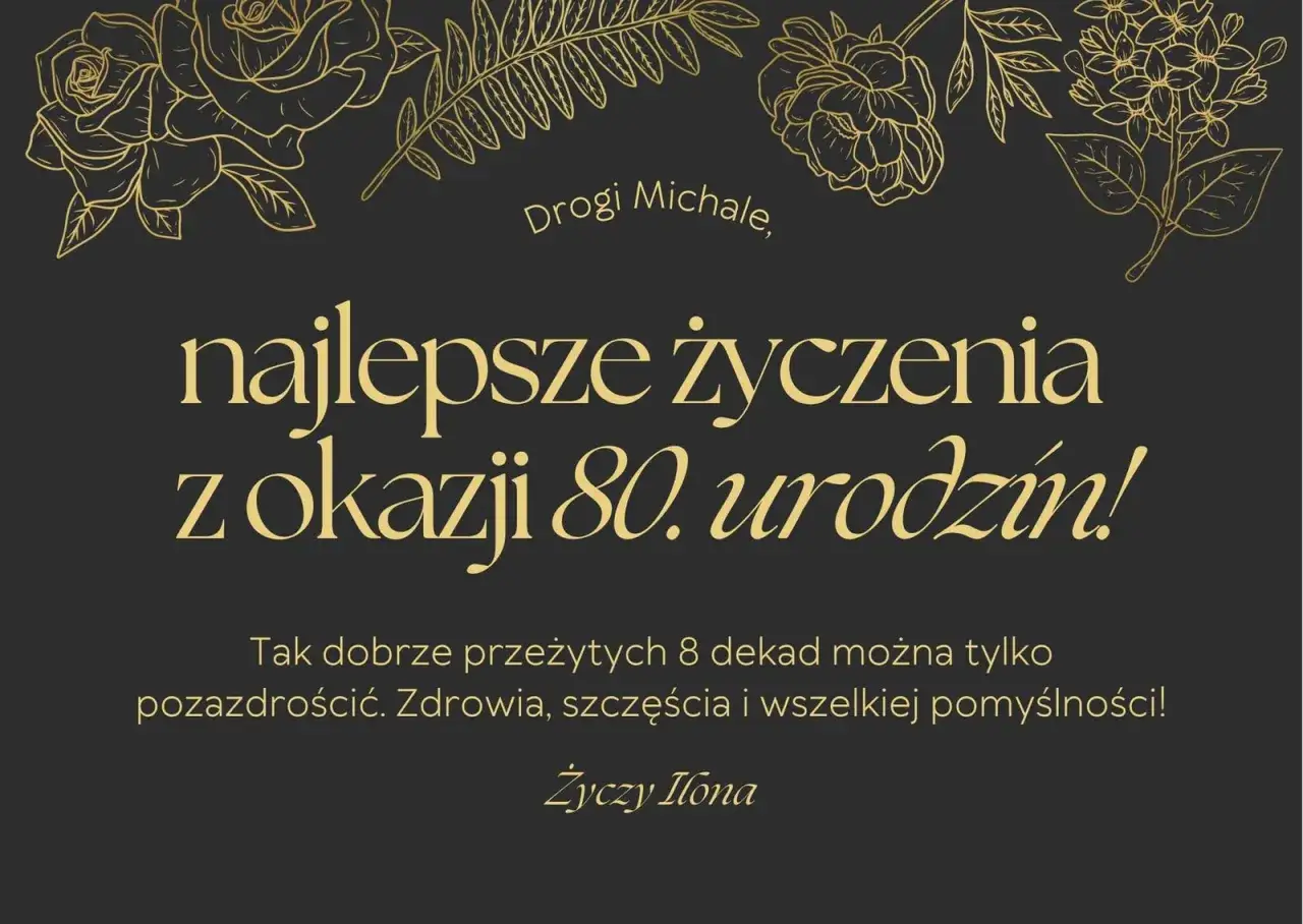 Złote róże i liście otaczają napis
