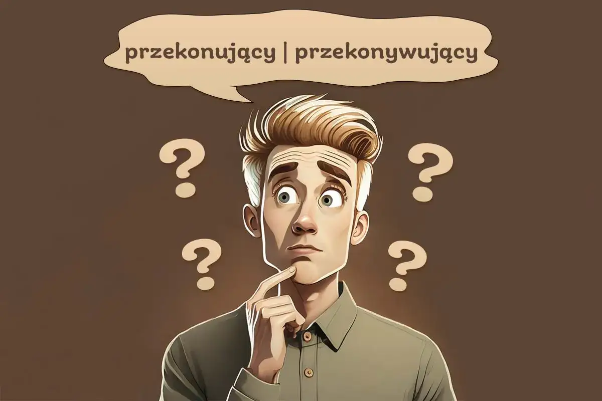 Zastanawiający się mężczyzna otoczony znakami zapytania. W chmurce nad głową słowo