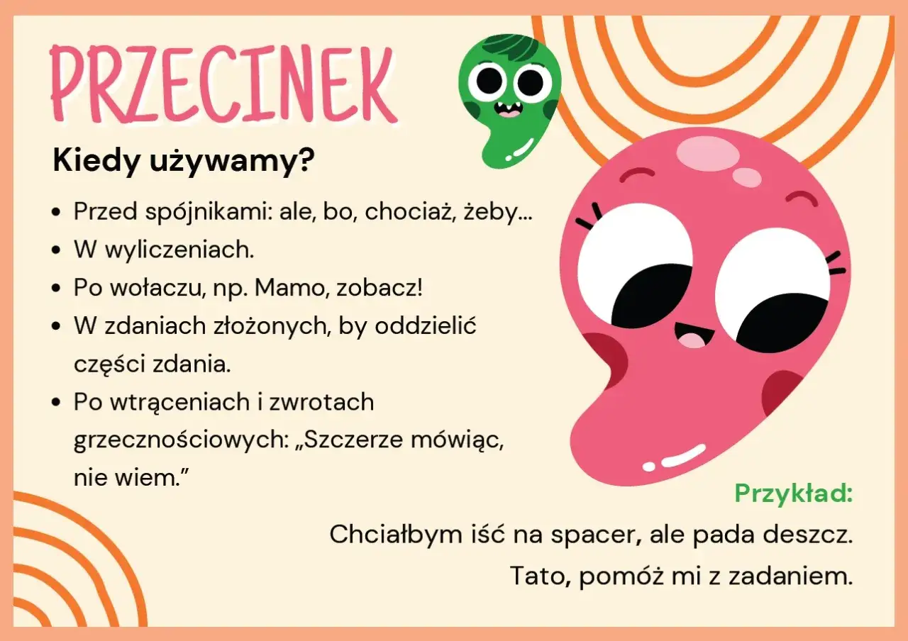 Ilustracja wyjaśnia, kiedy używamy przecinka, z zabawnymi postaciami. Chciałbym iść na spacer, ale pada deszcz.
