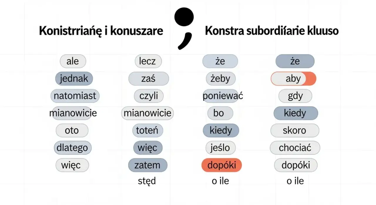 Tabela z polskimi spójnikami, np. 
