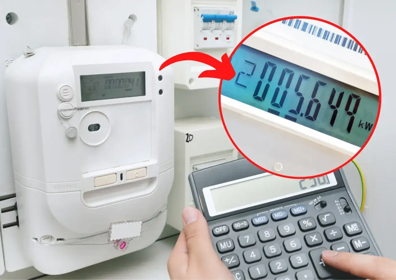 Jak odczytać licznik prądu? Na ekranie licznika widoczny jest odczyt 2005.649 kWh. Kalkulator pomaga w zapisaniu tej wartości.
